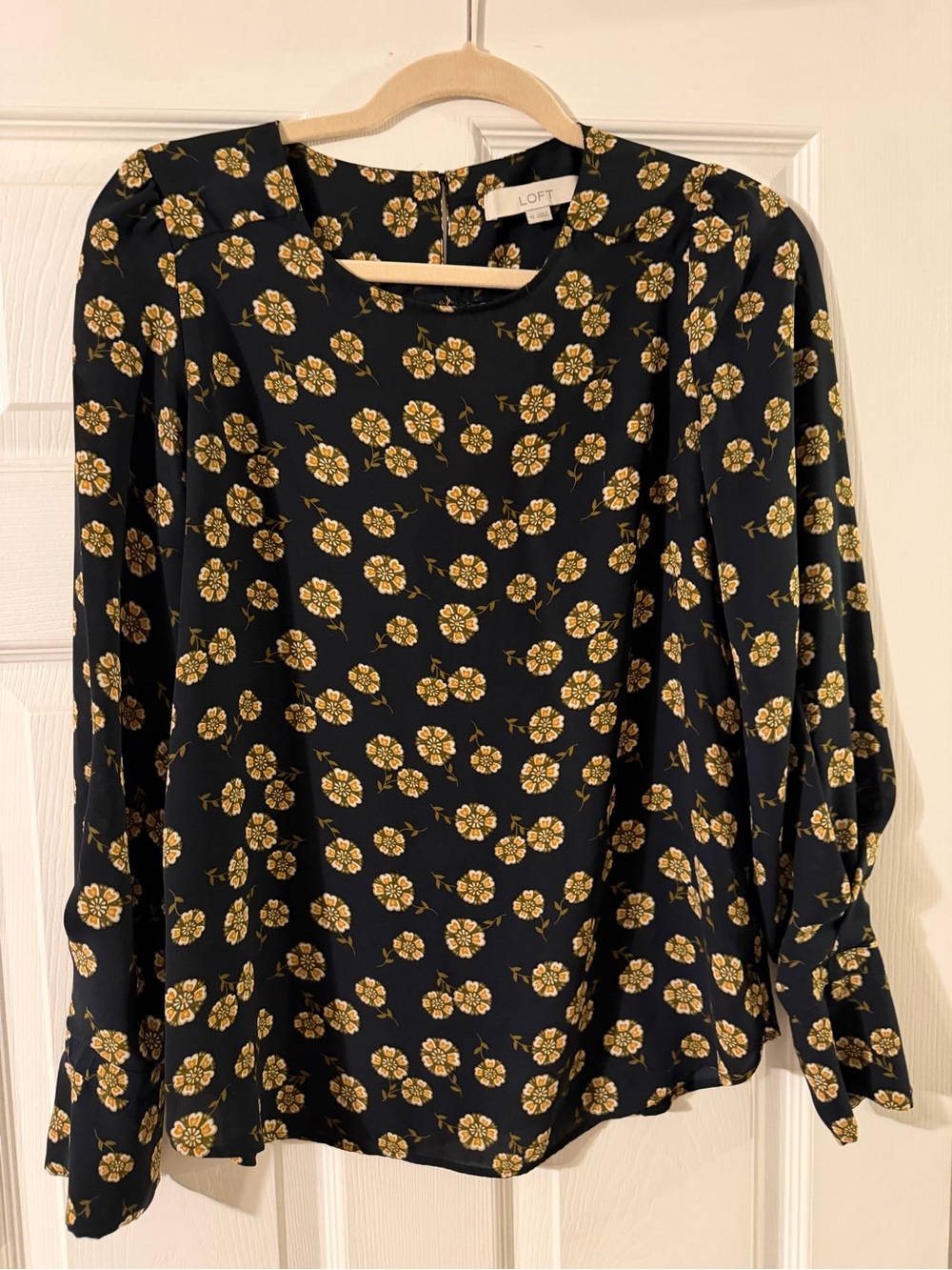 LOFT Navy Floral Blouse with Mustard and Cream Accents